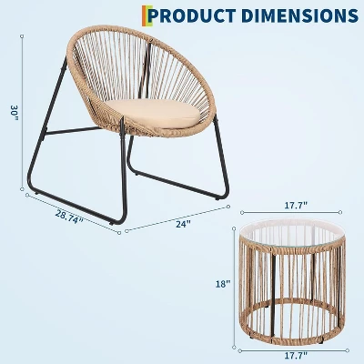Jojoka 3 Pcs Outdoor Rattan Furniture Set With Seat Cushions, Wicker Patio Modern Lounge Bistro Set With 2 Chairs & Glass Coffee Table For Backyard 4 Jojoka 3 Pcs Outdoor Rattan Furniture Set With Seat Cushions, Wicker Patio Modern Lounge Bistro Set With 2 Chairs & Glass Coffee Table For Backyard - Image 2
