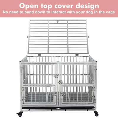 48 Inch Heavy Duty Dog Crate - Stainless Steel Kennel With Wheels, Double Door & Small Door Design, Removable Tray & Sturdy Locks, Silver 7 48 Inch Heavy Duty Dog Crate - Stainless Steel Kennel With Wheels, Double Door & Small Door Design, Removable Tray & Sturdy Locks, Silver - Image 5