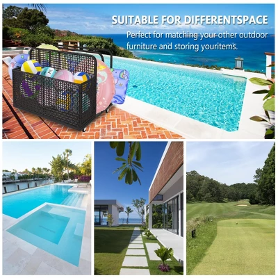 Pool Storage Bin, Rolling Poolside Float Storage With Towel Rack And Wheels, PE Rattan Mesh Organizer 8 Pool Storage Bin, Rolling Poolside Float Storage With Towel Rack And Wheels, PE Rattan Mesh Organizer - Image 6