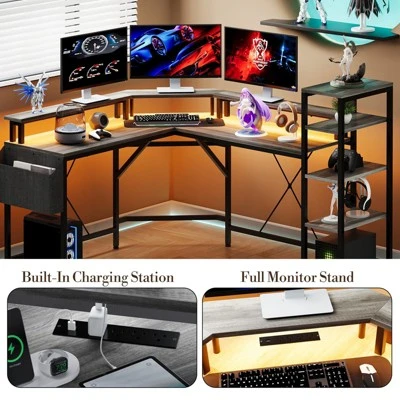 61 Inch L-Shaped Gaming Desk, Ergonomic Computer Desk, With 5-Tier Shelves, LED, Power Outlet & Storage Bag 7 61 Inch L-Shaped Gaming Desk, Ergonomic Computer Desk, With 5-Tier Shelves, LED, Power Outlet & Storage Bag - Image 5