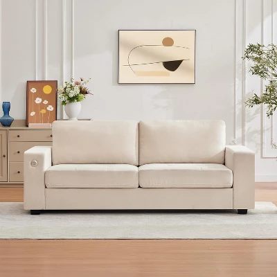 90" Oversized Mid-Century Chenille Cloud Couch – Deep Seat 3-Seater Sofa With USB Charging Ports, Side Pockets & Wood/Iron Frame, Beige 8 90" Oversized Mid-Century Chenille Cloud Couch – Deep Seat 3-Seater Sofa With USB Charging Ports, Side Pockets & Wood/Iron Frame, Beige - Image 6