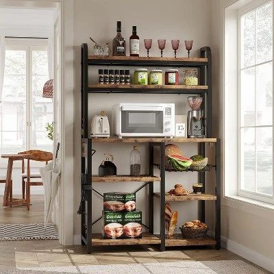 6-Tier Retro Bakers Rack With Power Outlet - Large Freestanding Kitchen Microwave Stand, Open Storage Shelves & Wire Basket, Utility Storage Shelf 10 6-Tier Retro Bakers Rack With Power Outlet - Large Freestanding Kitchen Microwave Stand, Open Storage Shelves & Wire Basket, Utility Storage Shelf - Image 8