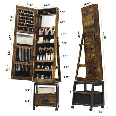 360° Swivel Jewelry Armoire, Floor Standing Full Length Mirror With Rear Storage Shelves, Lockable Jewelry Cabinet With Bottom Drawer And Wheels 3 360° Swivel Jewelry Armoire, Floor Standing Full Length Mirror With Rear Storage Shelves, Lockable Jewelry Cabinet With Bottom Drawer And Wheels