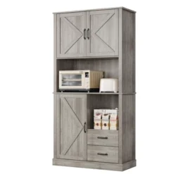 Kitchen Pantry Cabinet With 2 Drawers And Open Shelves, Tall Freestanding Kitchen Hutch With Microwave Stand For Dining Room -House Beautiful GUEST e2dbc2d4 8ea8 4140 8378 fbf7ced9ce37