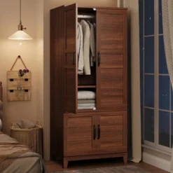 Armoire Wardrobe Closet With 4 Doors,72" Wooden Wardrobe Cabinet With Hanging Rod, Freestanding Tall Clothing Armoire Cabinet W/ 18 Adjustable Shelves -House Beautiful GUEST e36db115 9118 443e a521 694b18987891