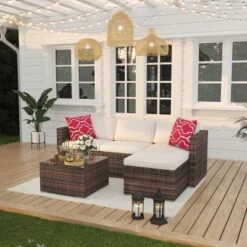 5 Piece Outdoor Patio Sofa Set With Glass Coffee Table, PE Wicker Conversation Furniture For Garden, Backyard, Poolside 19 5 Piece Outdoor Patio Sofa Set With Glass Coffee Table, PE Wicker Conversation Furniture For Garden, Backyard, Poolside -House Beautiful GUEST e48d1fb3 8e1f 45ea 85fb a4d514c0c68b