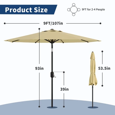 9Ft UV Resistant Patio Umbrella, 8 Sturdy Ribs Outdoor Table Umbrella With Easy Push Button Tilt, Market Umbrella For Pool, Yard & Garden 6 9Ft UV Resistant Patio Umbrella, 8 Sturdy Ribs Outdoor Table Umbrella With Easy Push Button Tilt, Market Umbrella For Pool, Yard & Garden - Image 4