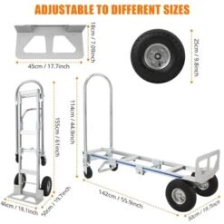 Convertible Hand Truck Dolly, Heavy Duty Folding Utility Cart, Pneumatic Tires For Warehouse, Aluminum