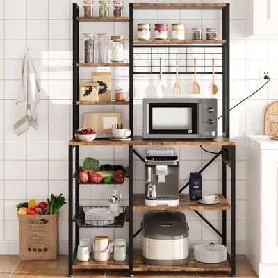 Bakers Rack With Power Outlet, 7-Tier Microwave Stand With Wire Basket, Coffee Bar With 4 S-Shaped Hooks 4 Bakers Rack With Power Outlet, 7-Tier Microwave Stand With Wire Basket, Coffee Bar With 4 S-Shaped Hooks - Image 2