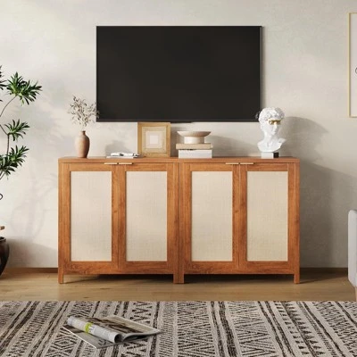 Farmhouse Kitchen Sideboard Buffet Storage Cabinet With Rattan Decorated Doors, Cupboard Console Table Wood Buffet Cabinet With Adjustable Shelves 7 Farmhouse Kitchen Sideboard Buffet Storage Cabinet With Rattan Decorated Doors, Cupboard Console Table Wood Buffet Cabinet With Adjustable Shelves - Image 5