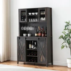 Farmhouse Coffee Bar Cabinet, Sliding Barn Doors Wine Bar Cabinet With Storage Shelves -House Beautiful GUEST e67d6d18 544f 4fbc 9248 c5d02a367813 1