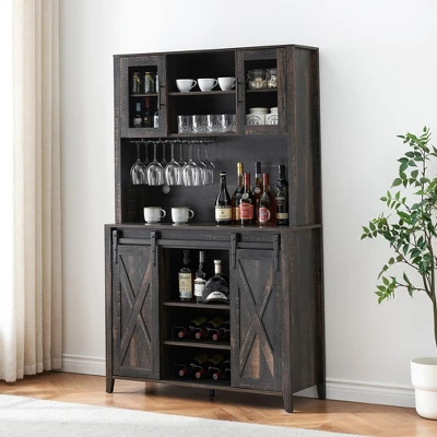 Jojoka 70'' Wine Bar Cabinet With Storage Hutch, Tall Coffee Bar Cabinet With Sliding Barn Doors, Bottle Glasses Rack, Farmhouse Coffee Bar 10 Jojoka 70'' Wine Bar Cabinet With Storage Hutch, Tall Coffee Bar Cabinet With Sliding Barn Doors, Bottle Glasses Rack, Farmhouse Coffee Bar - Image 8