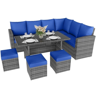 7-Piece Outdoor Wicker Sofa Set With Cushions And Glass Table, Sectional Patio Conversation Furniture For Backyard And Balcony, Grey And Blue 7 7-Piece Outdoor Wicker Sofa Set With Cushions And Glass Table, Sectional Patio Conversation Furniture For Backyard And Balcony, Grey And Blue - Image 5