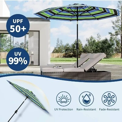 9ft Patio Umbrella, Outdoor Table, UV, Fade, Water Resistant, Crank Lift, Tilt, 8 Ribs, Metal Frame, Tricolor Stripe 4 9ft Patio Umbrella, Outdoor Table, UV, Fade, Water Resistant, Crank Lift, Tilt, 8 Ribs, Metal Frame, Tricolor Stripe - Image 2