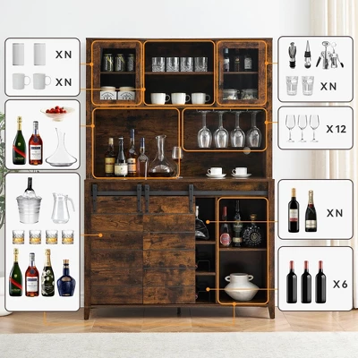 70" Farmhouse Coffee Bar Wine Cabinet With Sliding Barn Doors And Storage, Tall Kitchen Hutch With Wine & Glasses Rack 6 70" Farmhouse Coffee Bar Wine Cabinet With Sliding Barn Doors And Storage, Tall Kitchen Hutch With Wine & Glasses Rack - Image 4