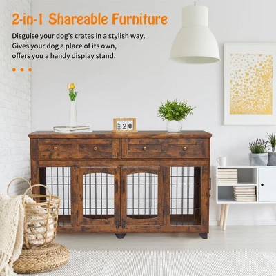 Dog Crate Furniture With 5 Doors, 58" Wooden Dog Kennel End Table With Large Capacity Drawers, Dog House With Openable Divider 3 Dog Crate Furniture With 5 Doors, 58" Wooden Dog Kennel End Table With Large Capacity Drawers, Dog House With Openable Divider