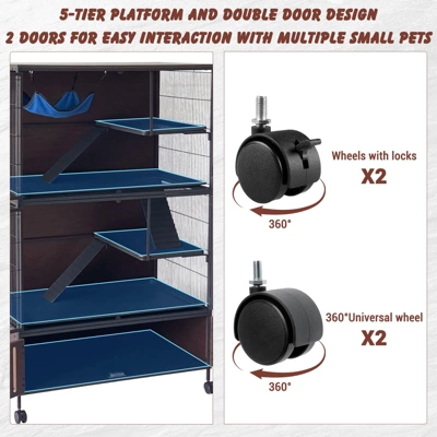 60" 5-Tier Ferret Cage, Multi-Level Chinchilla Cage With Lockable Doors, Ramps, Hammock, Wheels, Storage Cabinet, Small Animal Habitat 5 60" 5-Tier Ferret Cage, Multi-Level Chinchilla Cage With Lockable Doors, Ramps, Hammock, Wheels, Storage Cabinet, Small Animal Habitat - Image 3