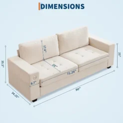 90" Oversized Mid-Century Chenille Cloud Couch – Deep Seat 3-Seater Sofa With USB Charging Ports, Side Pockets & Wood/Iron Frame, Beige