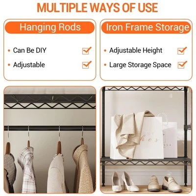 Heavy Duty Metal Clothing Rack, Freestanding Garment Organizer With 4 Hanging Rods And 8 Adjustable Shelves For Closet, Black 9 Heavy Duty Metal Clothing Rack, Freestanding Garment Organizer With 4 Hanging Rods And 8 Adjustable Shelves For Closet, Black - Image 7