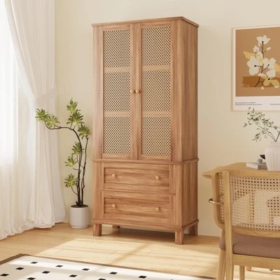 Kitchen Pantry Storage Cabinet With 2 Rattan Doors And 2 Adjustable Shelves, 64" Tall Farmhouse Food Pantries Cabinet 9 Kitchen Pantry Storage Cabinet With 2 Rattan Doors And 2 Adjustable Shelves, 64" Tall Farmhouse Food Pantries Cabinet - Image 7