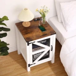 Nightstand With Charging Station, 18" Farmhouse Night Stand End Table With Barn Door, Rustic Wood Sofa Side Table -House Beautiful GUEST e8c4a425 3e82 4d74 bd9d 0a728028f70d 1