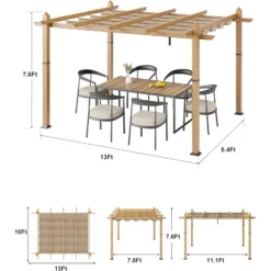 10x10ft Outdoor Aluminum Pergola Retractable UPF50+ Canopy, Wood Grain Frame, Khaki Curtain, Tool-Free Assembly