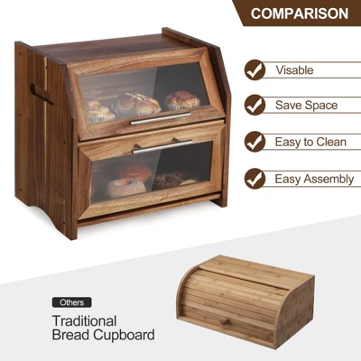 Double Layer Bread Box – Acacia Wood Bread Bin With Clear Acrylic Door & Air Vents, Rustic Countertop Bread 4 Double Layer Bread Box – Acacia Wood Bread Bin With Clear Acrylic Door & Air Vents, Rustic Countertop Bread - Image 2