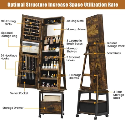 360° Swivel Jewelry Armoire, Floor Standing Full Length Mirror With Rear Storage Shelves, Lockable Jewelry Cabinet With Bottom Drawer And Wheels 6 360° Swivel Jewelry Armoire, Floor Standing Full Length Mirror With Rear Storage Shelves, Lockable Jewelry Cabinet With Bottom Drawer And Wheels - Image 4