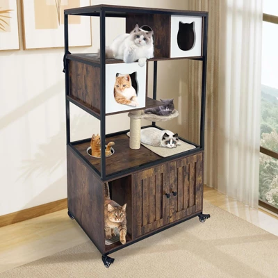 Cat Tree With Litter Box Enclosure 57.5''H Wooden Cat Tower Cabinet With Wheels 9 Cat Tree With Litter Box Enclosure 57.5''H Wooden Cat Tower Cabinet With Wheels - Image 7