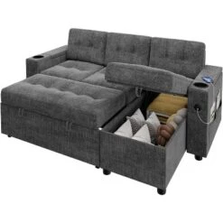 L-Shaped Sleeper Sofa Bed With Pull-Out Mattress, Storage Armrests, Cup Holders & USB, Space Saving Sectional Couch -House Beautiful GUEST ec1b597f 9241 41e8 bd5e 3e3a366ff4b3