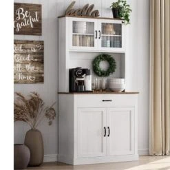 Kitchen Pantry Cabinet, 71" Tall Kitchen Hutch Storage Pantry With Microwave Stand, Freestanding Buffet With Shelves And Glass Doors -House Beautiful GUEST ec7f9b72 0113 4bc8 82f2 9b53d15d980a