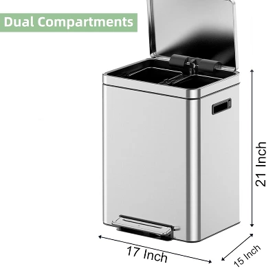 36L (10 Gallon) Stainless Steel Step-On Trash Can – Dual Compartment 5 Gal + 5 Gal For Recycling & Trash, Slim Space-Saving Design 3 36L (10 Gallon) Stainless Steel Step-On Trash Can – Dual Compartment 5 Gal + 5 Gal For Recycling & Trash, Slim Space-Saving Design