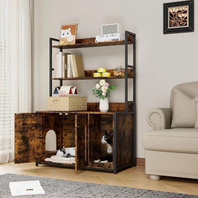Cat Litter Box Enclosure With 2 Storage Shelves, Hidden Cat Furniture Cabinet With Double Doors, Scratch Pad, Indoor Cat House & Bookshelf Design 6 Cat Litter Box Enclosure With 2 Storage Shelves, Hidden Cat Furniture Cabinet With Double Doors, Scratch Pad, Indoor Cat House & Bookshelf Design - Image 5