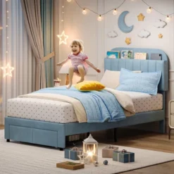 Kids Bed Frame,Twin Kids Bed Frame With Bookcase Headboard, Velvet Upholstered Platform Bed Frame With Under-Bed Drawer 16 Kids Bed Frame,Twin Kids Bed Frame With Bookcase Headboard, Velvet Upholstered Platform Bed Frame With Under-Bed Drawer -House Beautiful GUEST ed9e646e 382b 4e5b 920e 57f9d38be251