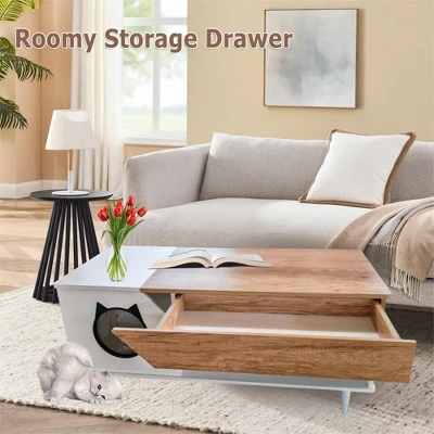 45'' Cat Coffee Table Hidden Litter Box Enclosure Furniture For Kitty Cats, Living Room Cat Furniture With Storage Drawer And Condo Kitty Box 4 45'' Cat Coffee Table Hidden Litter Box Enclosure Furniture For Kitty Cats, Living Room Cat Furniture With Storage Drawer And Condo Kitty Box - Image 2