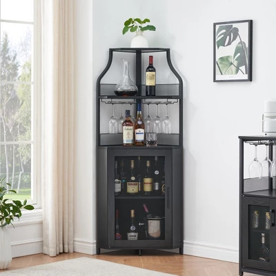 Corner Wine Cabinet With Detachable Wine Rack, 5-Tier Industrial Corner Bar Cabinet With Barn Door And Glass Holder 11 Corner Wine Cabinet With Detachable Wine Rack, 5-Tier Industrial Corner Bar Cabinet With Barn Door And Glass Holder - Image 9