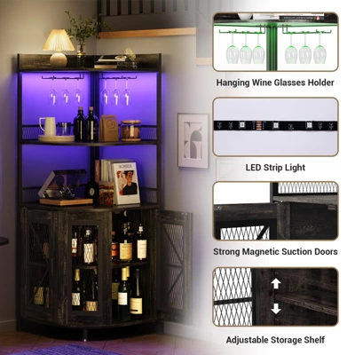 5-Tiers Corner Bar Cabinet With Power Outlet,64''Industrial Tall Wine Cabinet With Lights&Glass Holder, Liquor Cabinet With Storage 6 5-Tiers Corner Bar Cabinet With Power Outlet,64''Industrial Tall Wine Cabinet With Lights&Glass Holder, Liquor Cabinet With Storage - Image 4