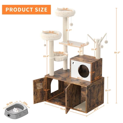 Multi-Level Cat Tree With Hidden Litter Box - 3-in-1 Cat Tower Featuring Cat Bed, Hammock, And Scratching Board, Suitable For Indoor Cats 3 Multi-Level Cat Tree With Hidden Litter Box - 3-in-1 Cat Tower Featuring Cat Bed, Hammock, And Scratching Board, Suitable For Indoor Cats