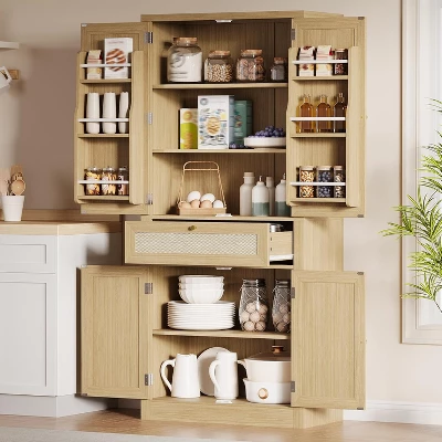 70.1" Pantry Cabinet, Rattan Kitchen Pantry Cabinet With 6 Doors Shelves & 1 Drawer 5 70.1" Pantry Cabinet, Rattan Kitchen Pantry Cabinet With 6 Doors Shelves & 1 Drawer - Image 3