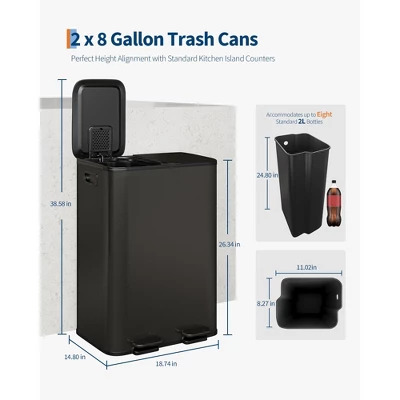 Dual Trash Can With Foot Pedal & Soft-Close Lid, Stainless Steel Double Trash Can Kitchen 7 Dual Trash Can With Foot Pedal & Soft-Close Lid, Stainless Steel Double Trash Can Kitchen - Image 5