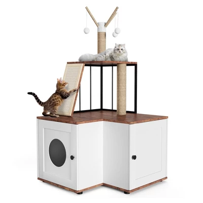 Cat Litter Box Enclosure With Scratching Post, Hanging Balls, 2-in-1 L-Shaped Corner Cat Litterbox With Storage Cabinet 10 Cat Litter Box Enclosure With Scratching Post, Hanging Balls, 2-in-1 L-Shaped Corner Cat Litterbox With Storage Cabinet - Image 8