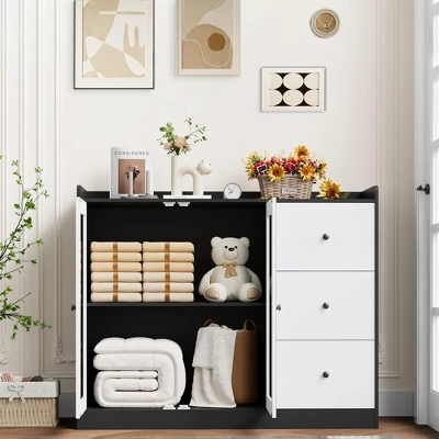 Buffet Cabinet With Storage, 43" Modern Sideboard With Guardrail, Adjustable Shelves, And 3 Drawers, Wood Buffet Table For Kitchen Or Dining Room 3 Buffet Cabinet With Storage, 43" Modern Sideboard With Guardrail, Adjustable Shelves, And 3 Drawers, Wood Buffet Table For Kitchen Or Dining Room - Image 2