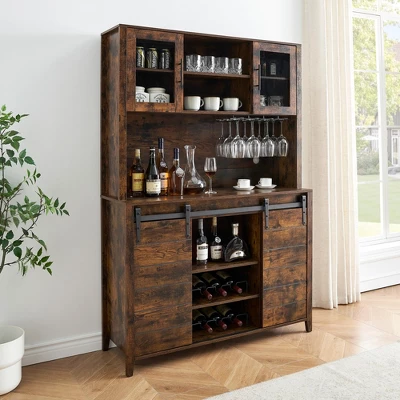 70" Farmhouse Coffee Bar Wine Cabinet With Sliding Barn Doors And Storage, Tall Kitchen Hutch With Wine & Glasses Rack 5 70" Farmhouse Coffee Bar Wine Cabinet With Sliding Barn Doors And Storage, Tall Kitchen Hutch With Wine & Glasses Rack - Image 3