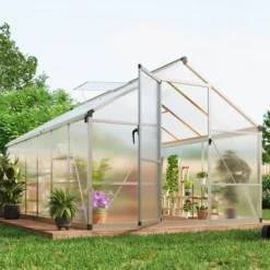 8x12FT Aluminum Greenhouse With Roof Vent Ground Nails Lockable Push Door Large Walk-in Green House For Outside Garden Backyard Patio Lawn -House Beautiful GUEST f5be644f 739a 4d49 969d 842af926ec73