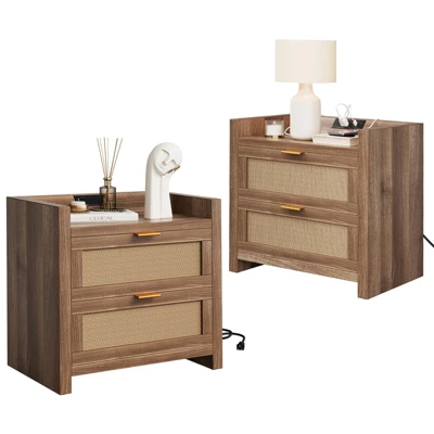 Night Stand Set Of 2 Rattan Nightstands With Charging Station 23.6" Wide Boho Bedside Tables With 2 Drawers Modern Larger Nightstands, Brown 10 Night Stand Set Of 2 Rattan Nightstands With Charging Station 23.6" Wide Boho Bedside Tables With 2 Drawers Modern Larger Nightstands, Brown - Image 8