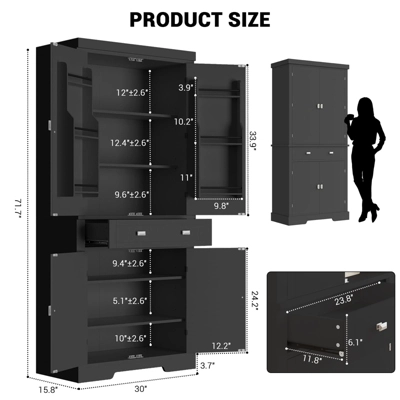 Kitchen Pantry Cabinet, 72" High Freestanding Tall Storage Cabinet With 6 Door Shelves, 2 Cabinets, 4 Adjustable Shelves And 1 Drawer 4 Kitchen Pantry Cabinet, 72" High Freestanding Tall Storage Cabinet With 6 Door Shelves, 2 Cabinets, 4 Adjustable Shelves And 1 Drawer - Image 2