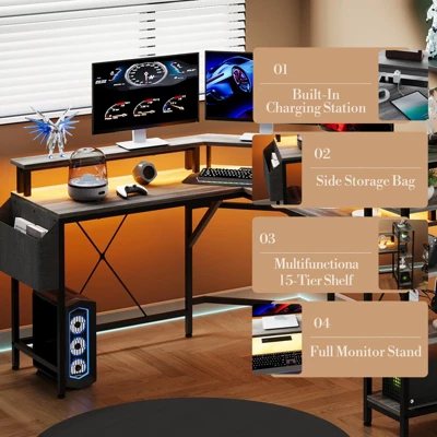 61 Inch L-Shaped Gaming Desk, Ergonomic Computer Desk, With 5-Tier Shelves, LED, Power Outlet & Storage Bag 6 61 Inch L-Shaped Gaming Desk, Ergonomic Computer Desk, With 5-Tier Shelves, LED, Power Outlet & Storage Bag - Image 4