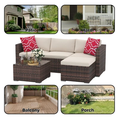 5 Piece Outdoor Patio Sofa Set With Glass Coffee Table, PE Wicker Conversation Furniture For Garden, Backyard, Poolside 7 5 Piece Outdoor Patio Sofa Set With Glass Coffee Table, PE Wicker Conversation Furniture For Garden, Backyard, Poolside - Image 5