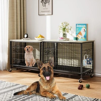 Dog Crate Furniture For Medium Dogs, 32.5" L X 21.9" W X 25.2" H Indoor Kennel With Double Doors, Wheels & Removable Tray 4 Dog Crate Furniture For Medium Dogs, 32.5" L X 21.9" W X 25.2" H Indoor Kennel With Double Doors, Wheels & Removable Tray - Image 2