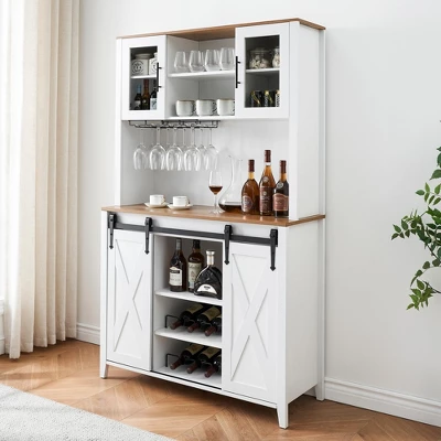 Jojoka 70'' Wine Bar Cabinet With Storage Hutch, Tall Coffee Bar Cabinet With Sliding Barn Doors, Bottle Glasses Rack, Farmhouse Coffee Bar 12 Jojoka 70'' Wine Bar Cabinet With Storage Hutch, Tall Coffee Bar Cabinet With Sliding Barn Doors, Bottle Glasses Rack, Farmhouse Coffee Bar - Image 10